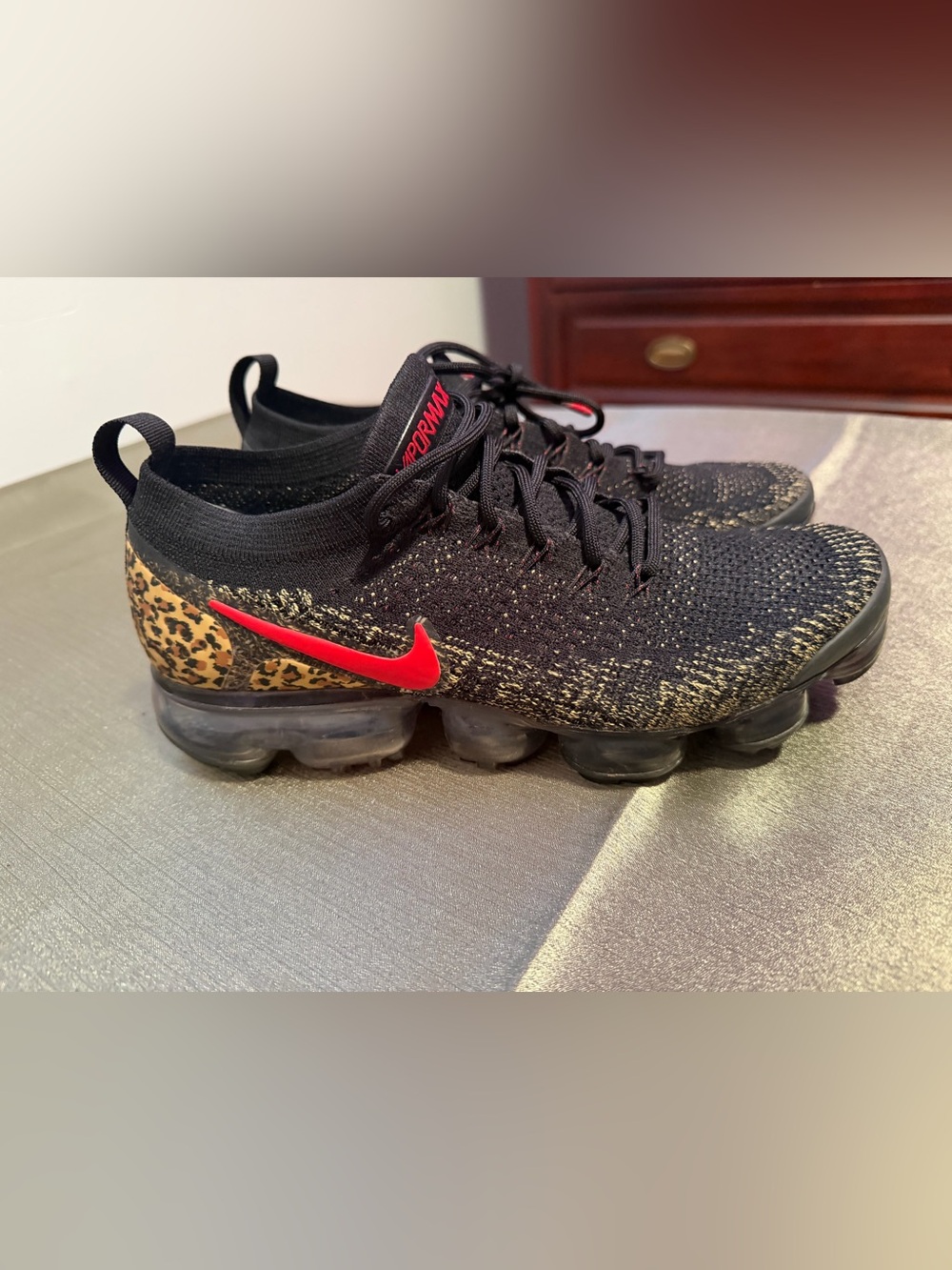 Nike womens Black & Red Air VaporMax with Leopard Accent